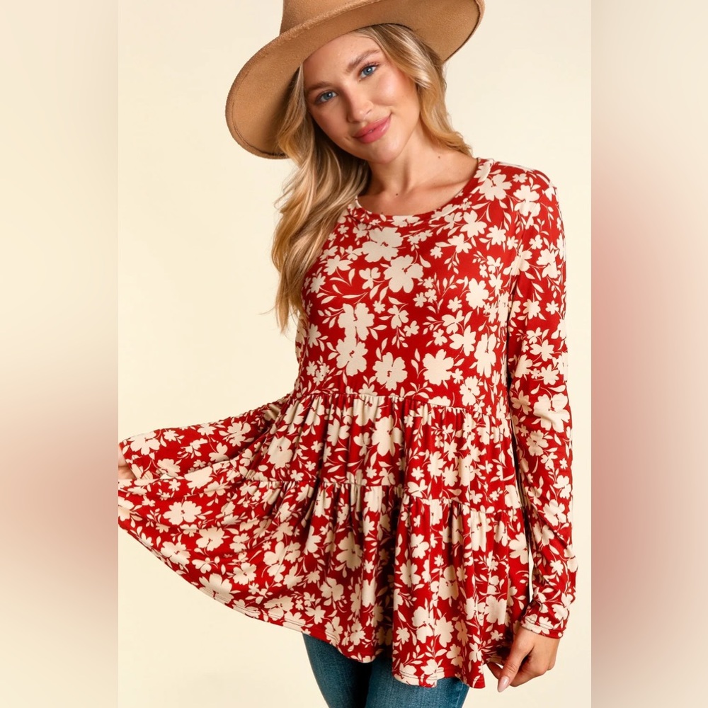 Rust Floral Print Babydoll Tiered Top